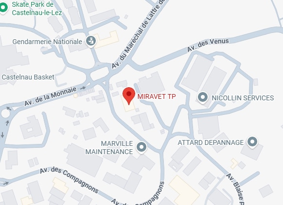 MIRAVET TP Castelnau-le-Lez : Plan d'accès et localisation Plan détaillé de Castelnau-le-Lez : MIRAVET TP (pin rouge) situé entre Av. du Maréchal de Lattre et Av. des Venus, près de la Gendarmerie.